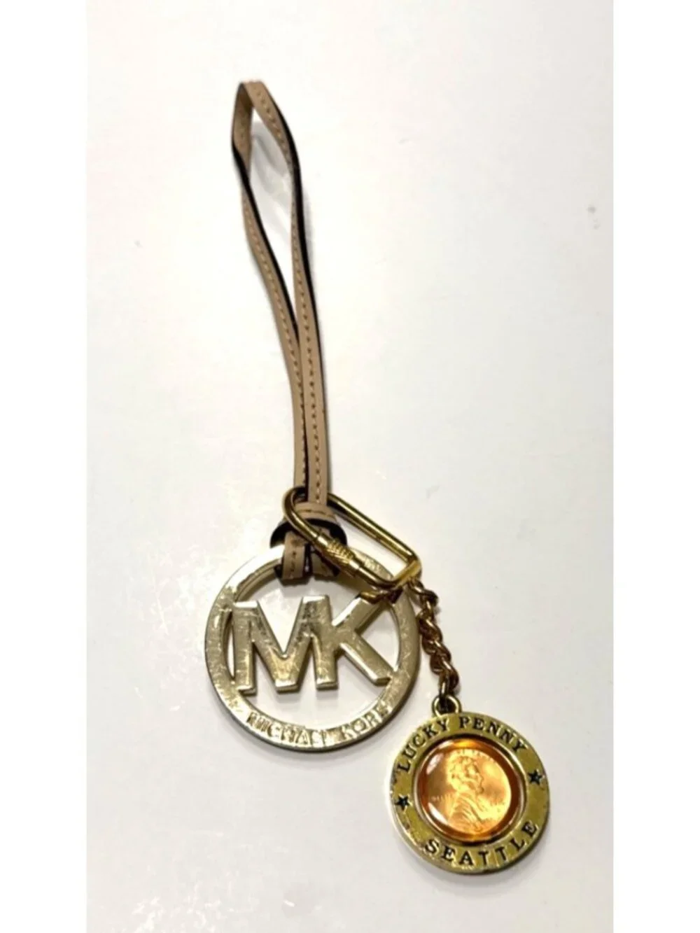 Michael Kors MK Monogram with Penny Logo Bag Charm Key Fob Gold with Tan Leather